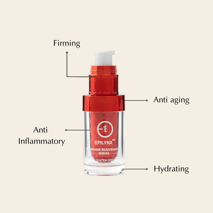 Transparent bottle with red pump, "EpiLynx" label and text noting firming, anti-aging benefits.