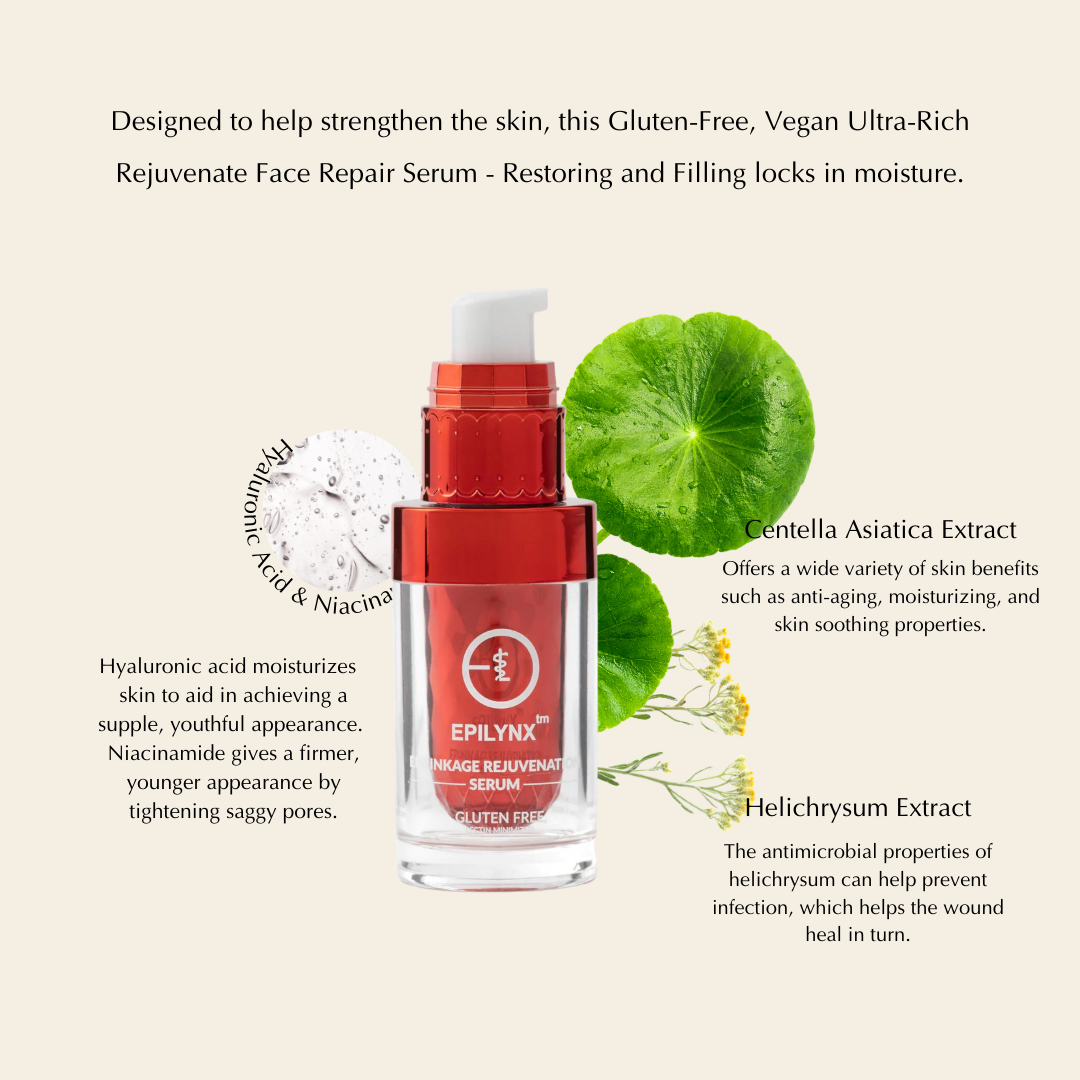 Red bottle of Epilynx serum with green leaves and text detailing benefits of ingredients.
