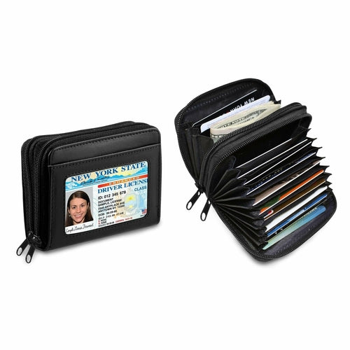 Black zippered wallet with visible ID slot and multiple card compartments, showcasing an open view.