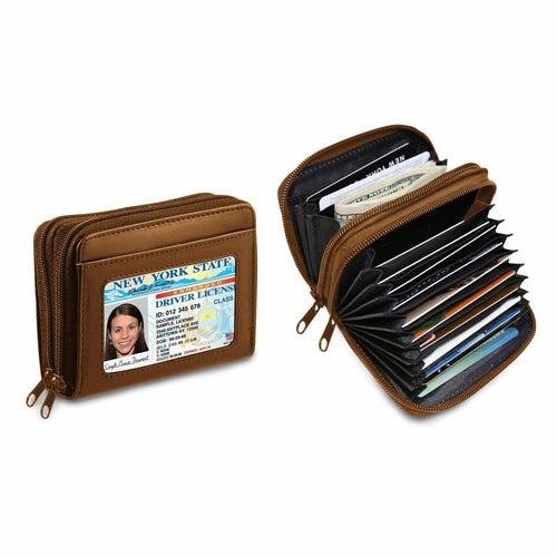 Brown zippered wallet with ID slot and multiple compartments holding cards and cash.