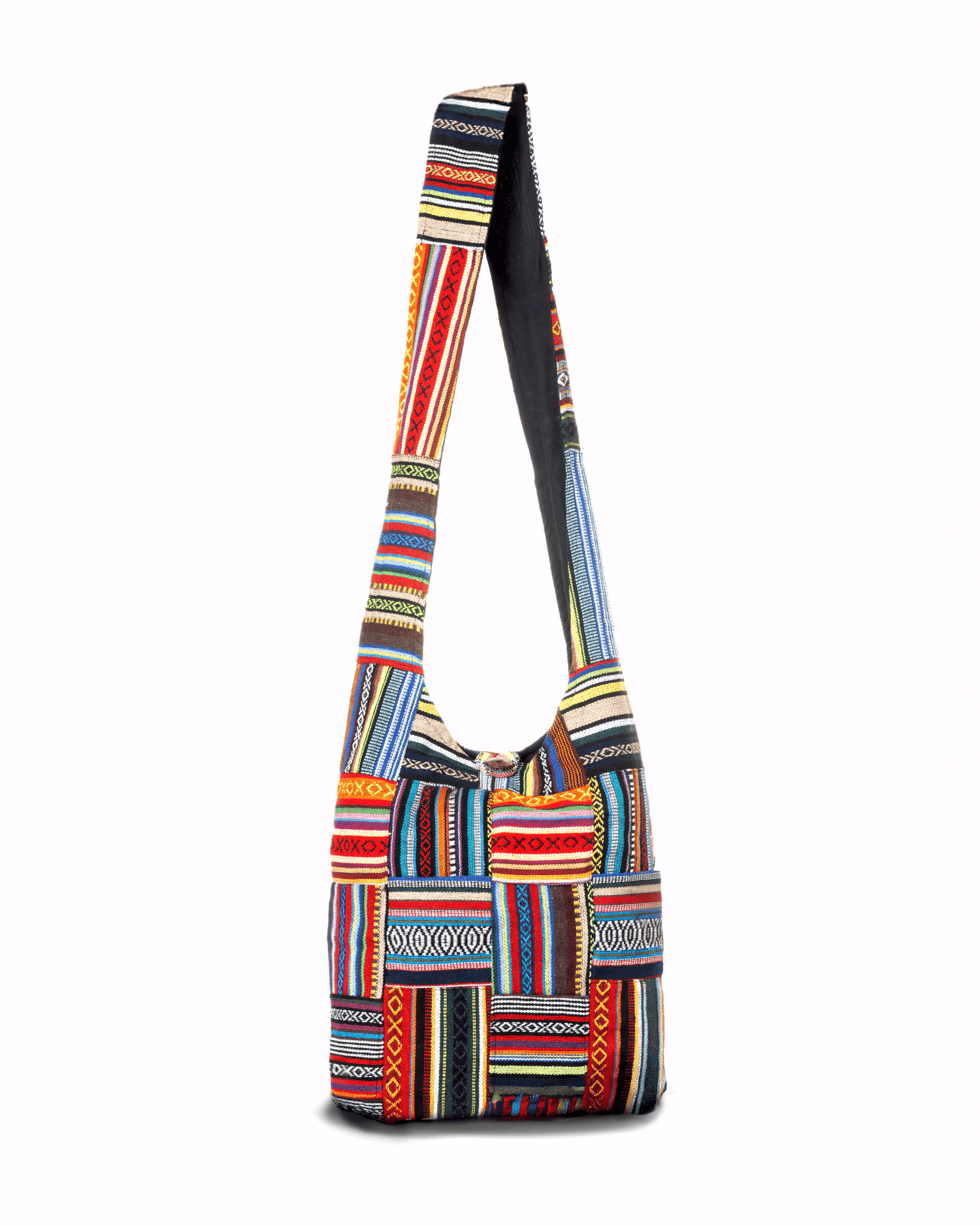 Colorful patchwork shoulder bag with intricate geometric patterns and a long strap.
