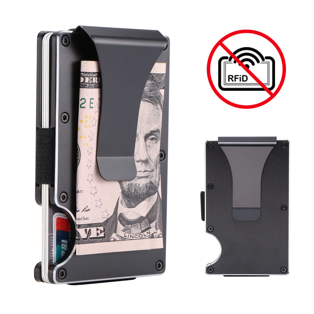 RFID-blocking black metal wallet with money clip, holding cash and cards, with crossed-out RFID symbol.