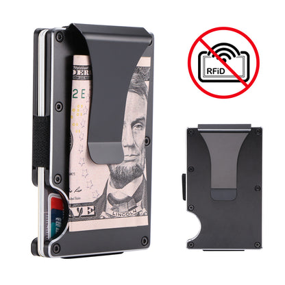 RFID-blocking black metal wallet with money clip, holding cash and cards, with crossed-out RFID symbol.