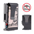 RFID-blocking black metal wallet with money clip, holding cash and cards, with crossed-out RFID symbol.