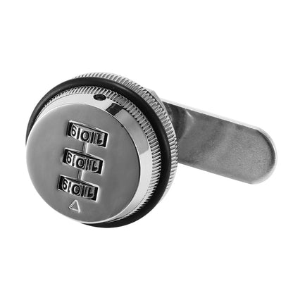 Silver combination cam lock with three dials and a metallic lever on a white background.