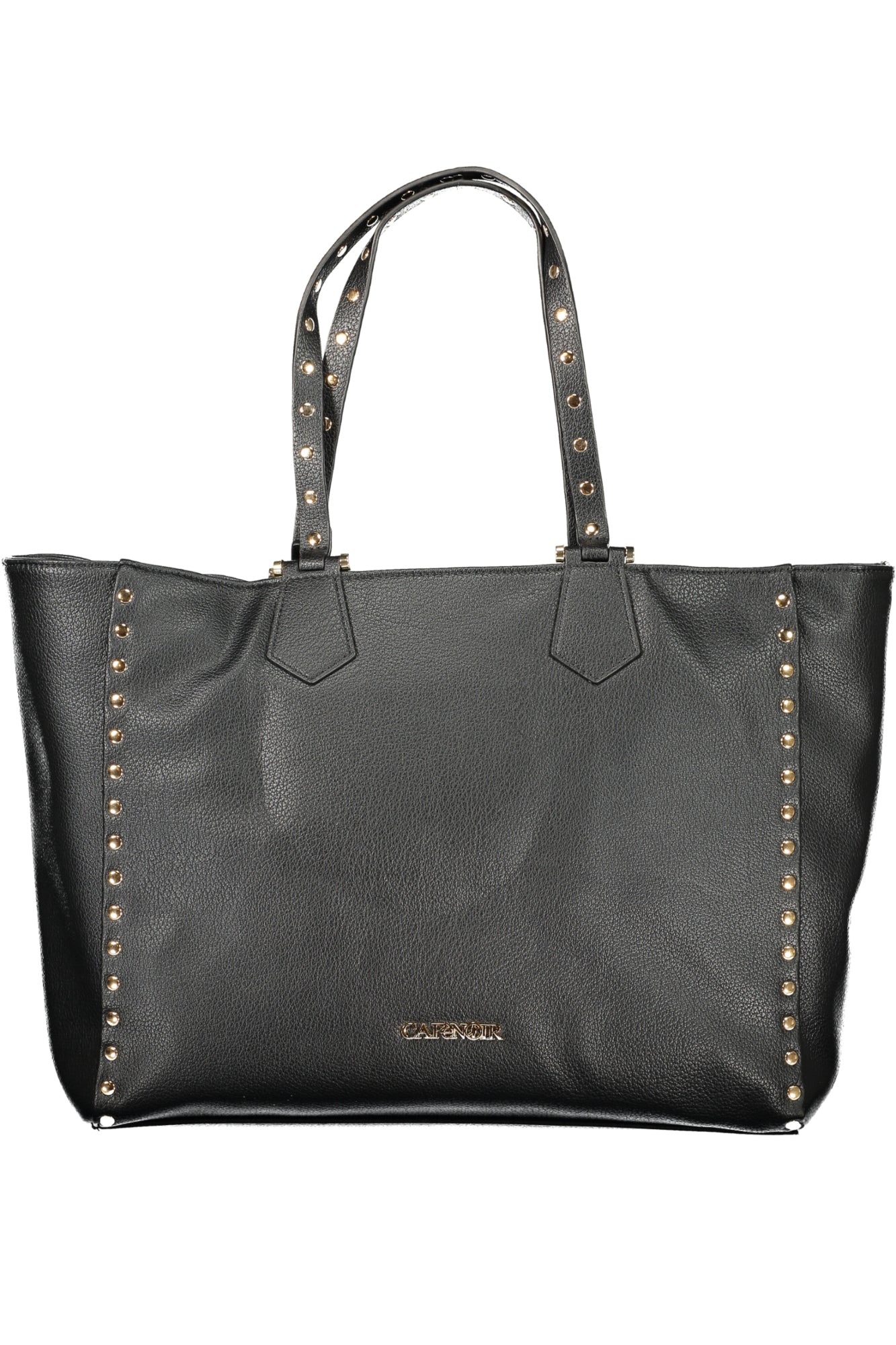 Black leather handbag with gold studs lining the sides and handles.