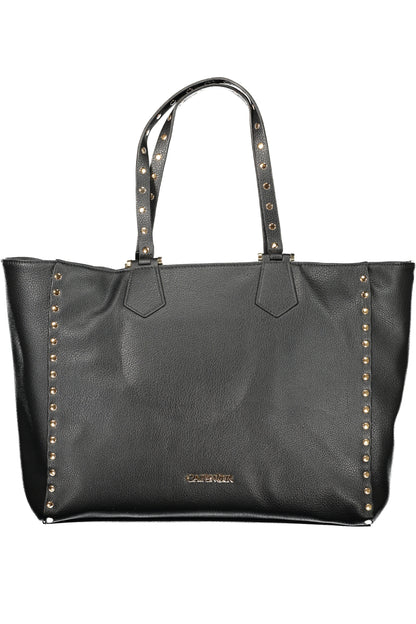 Black leather handbag with gold studs lining the sides and handles.
