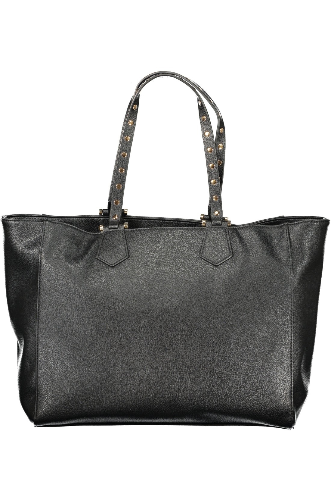 Black leather tote bag with studded straps and a textured finish.