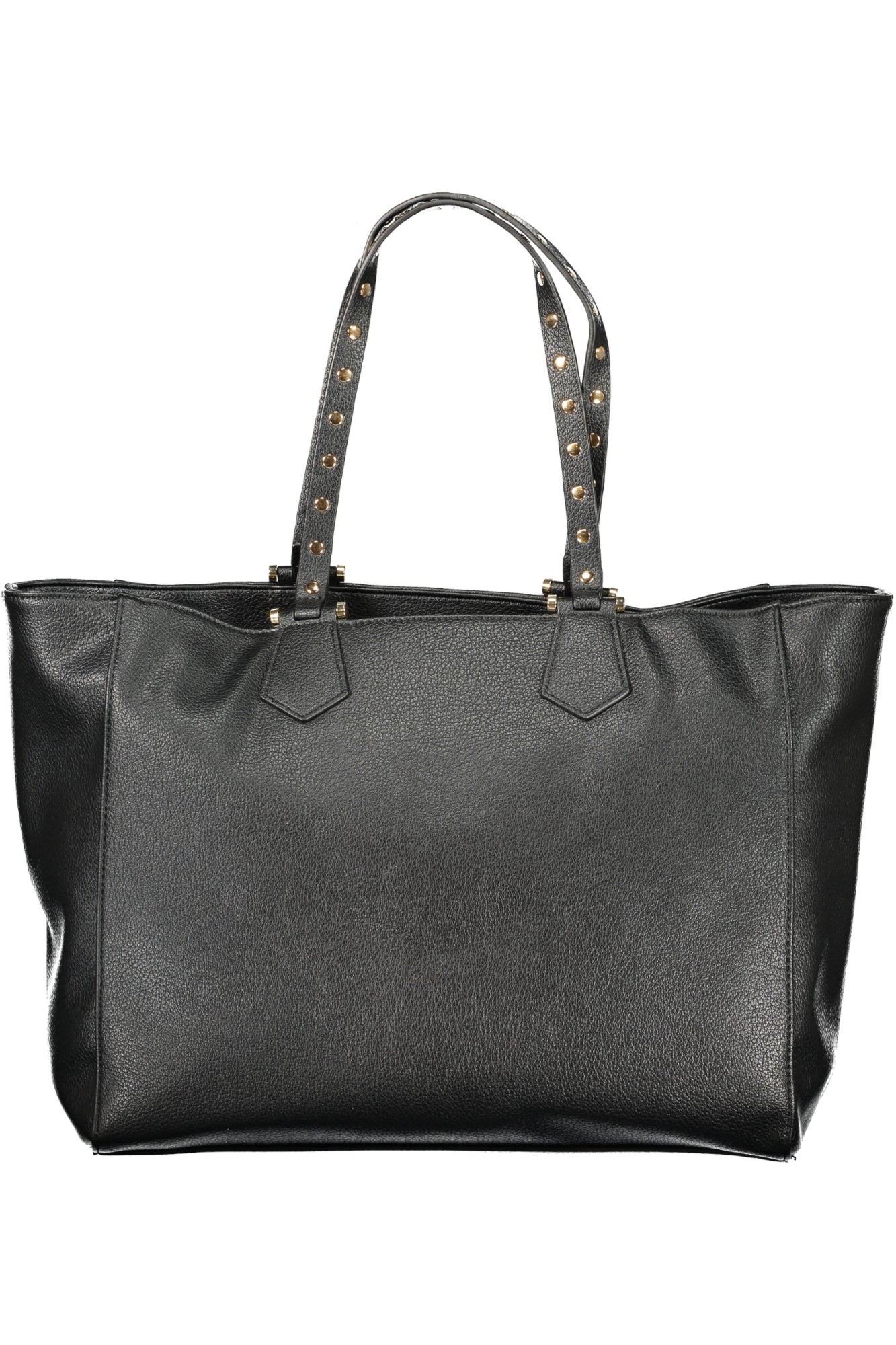 Black leather tote bag with studded straps and a textured finish.