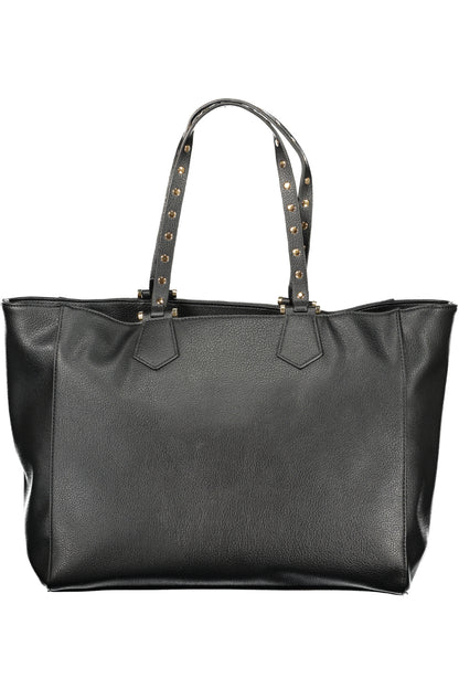 Black leather tote bag with studded straps and a textured finish.