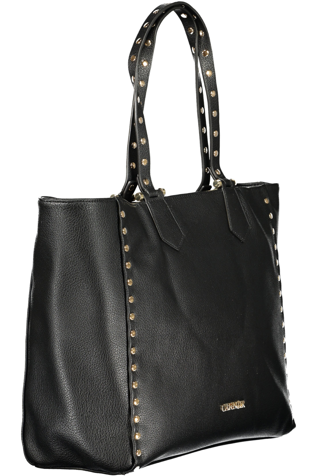 Black leather tote bag with gold studs along edges and handles.