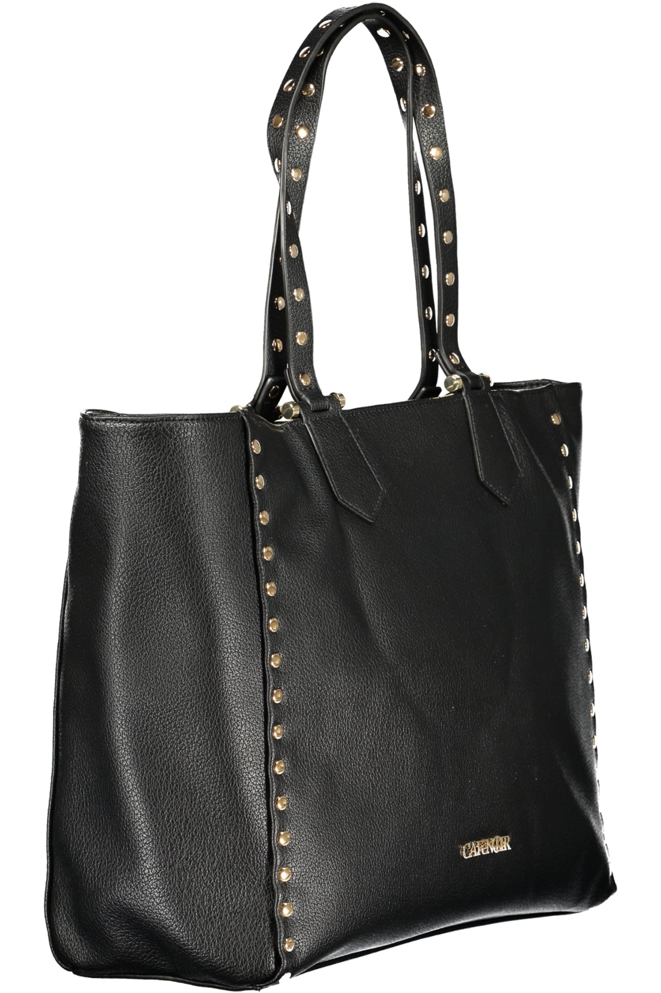 Black leather tote bag with gold studs along edges and handles.