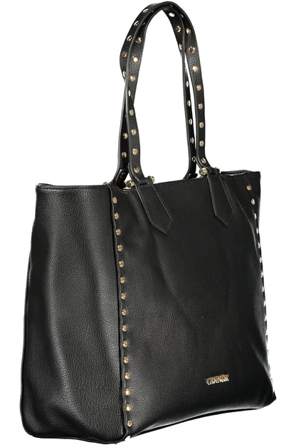 Black leather tote bag with gold studs along edges and handles.
