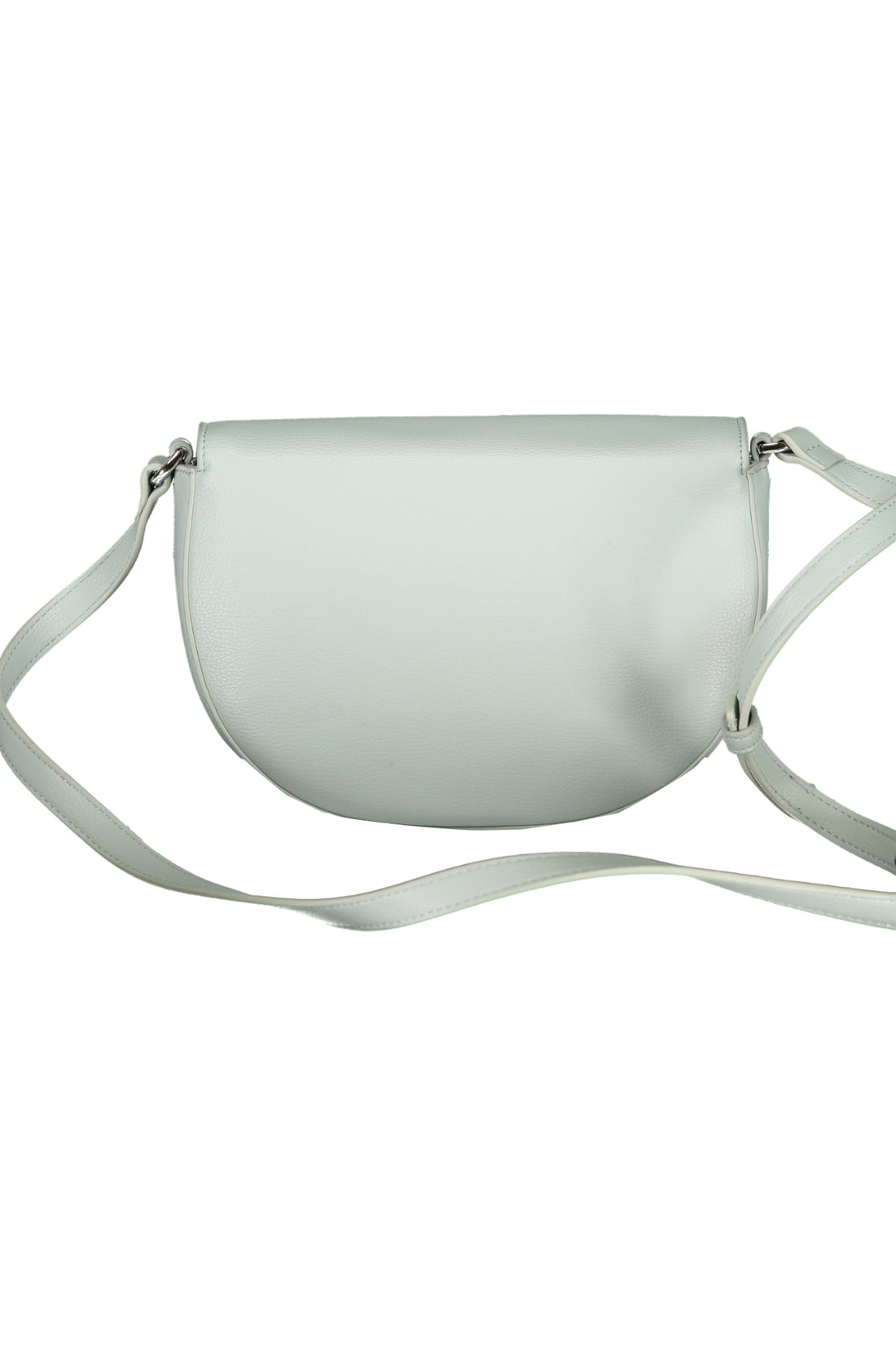 Light gray crescent-shaped purse with a long strap and smooth texture.