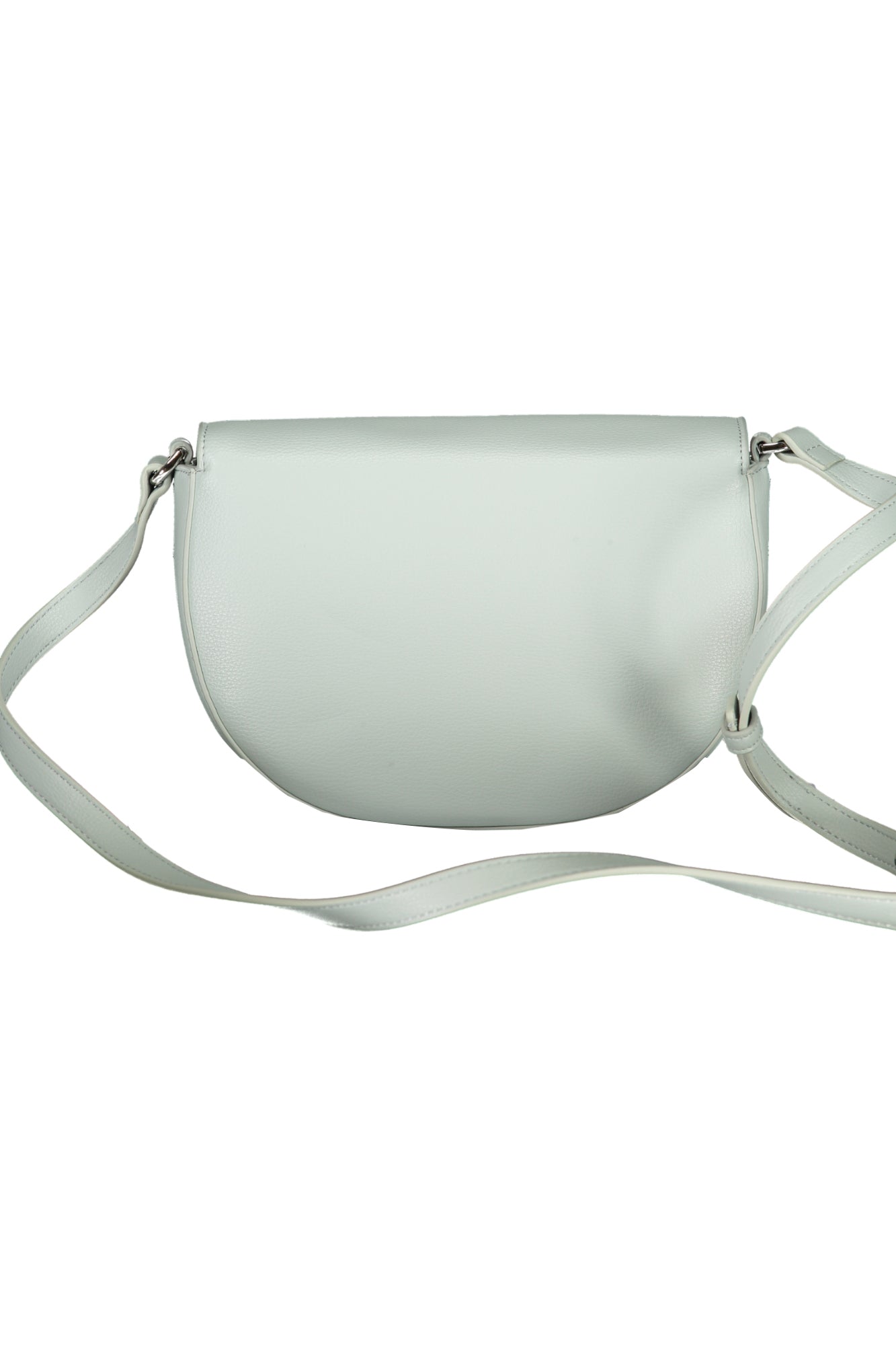 Light gray crescent-shaped purse with a long strap and smooth texture.