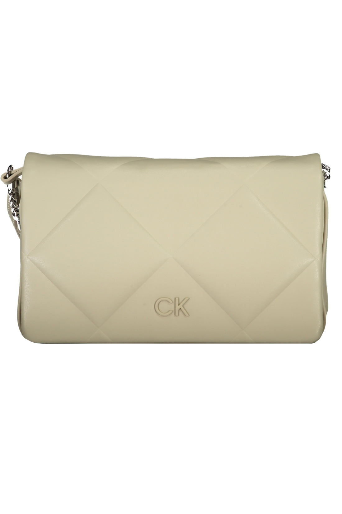 Cream quilted handbag with silver chain strap and embossed CK logo on the front.