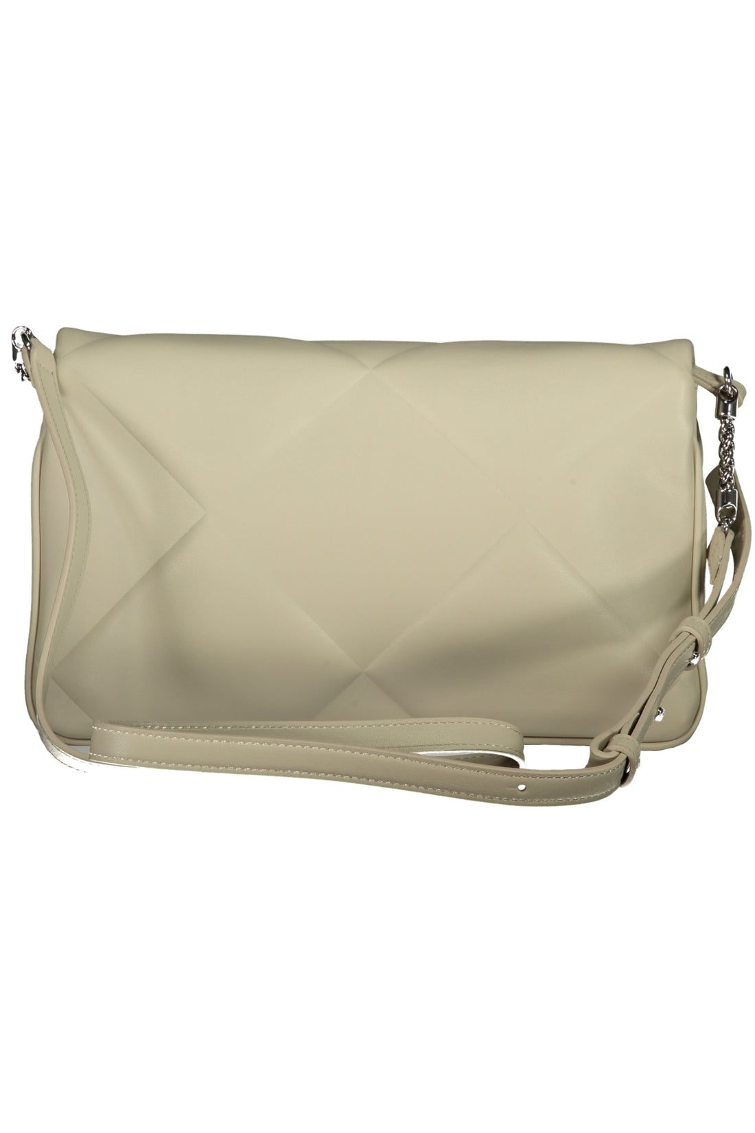 Cream quilted leather bag with a long strap and silver chain accents.