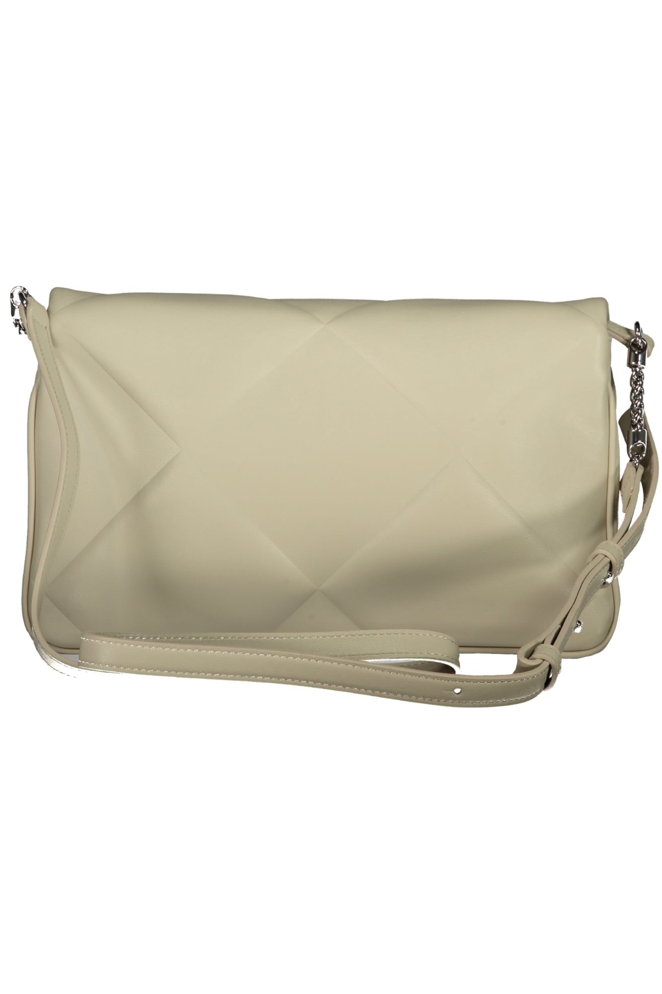 Cream quilted leather bag with a long strap and silver chain accents.