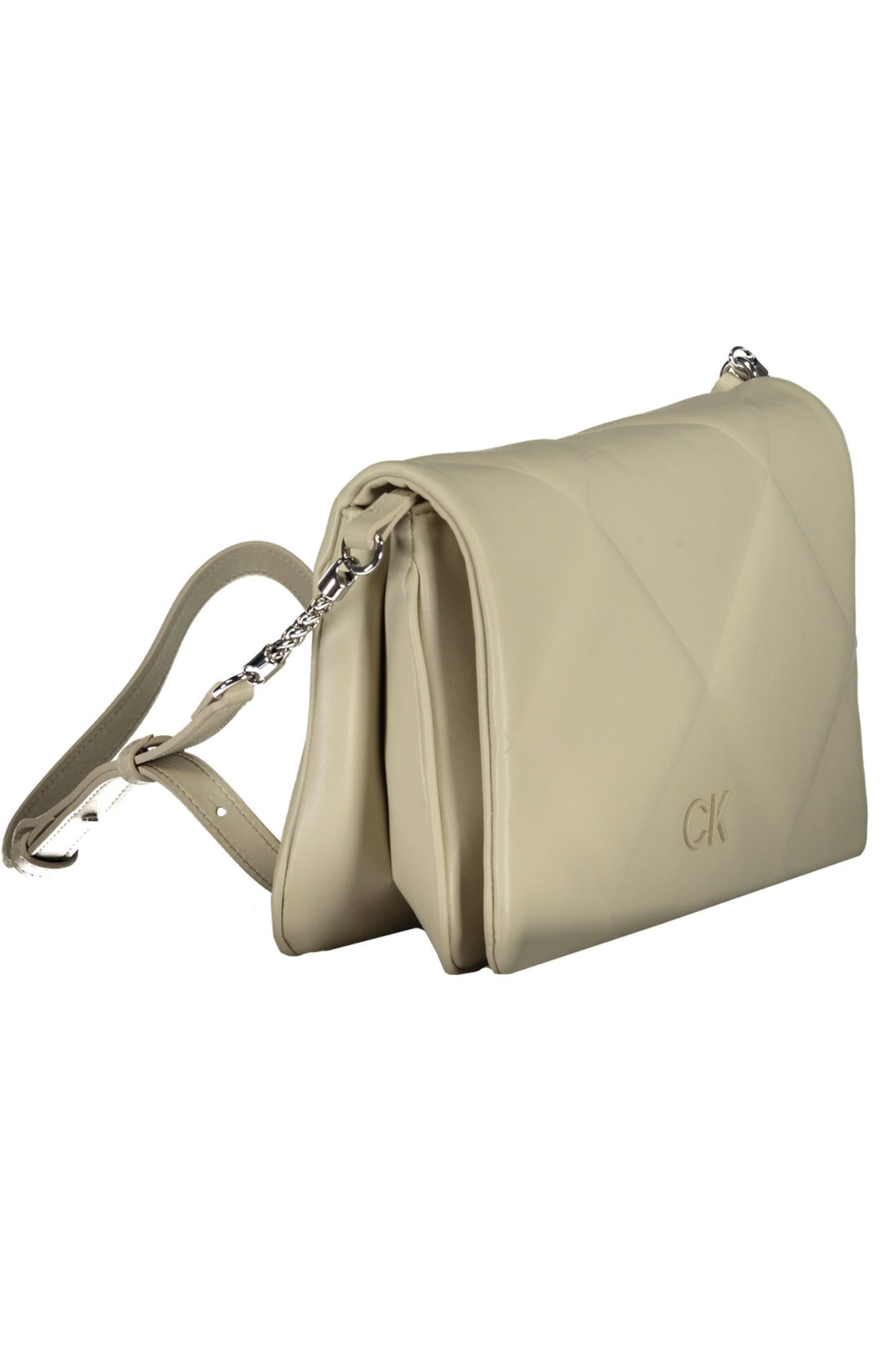 Beige quilted handbag with a chain strap and embossed "CK" logo.