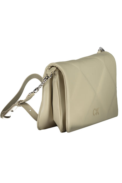 Beige quilted handbag with a chain strap and embossed "CK" logo.