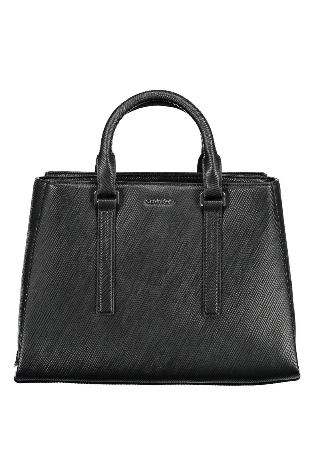 Black textured leather handbag with curved handles and subtle branding on the front.