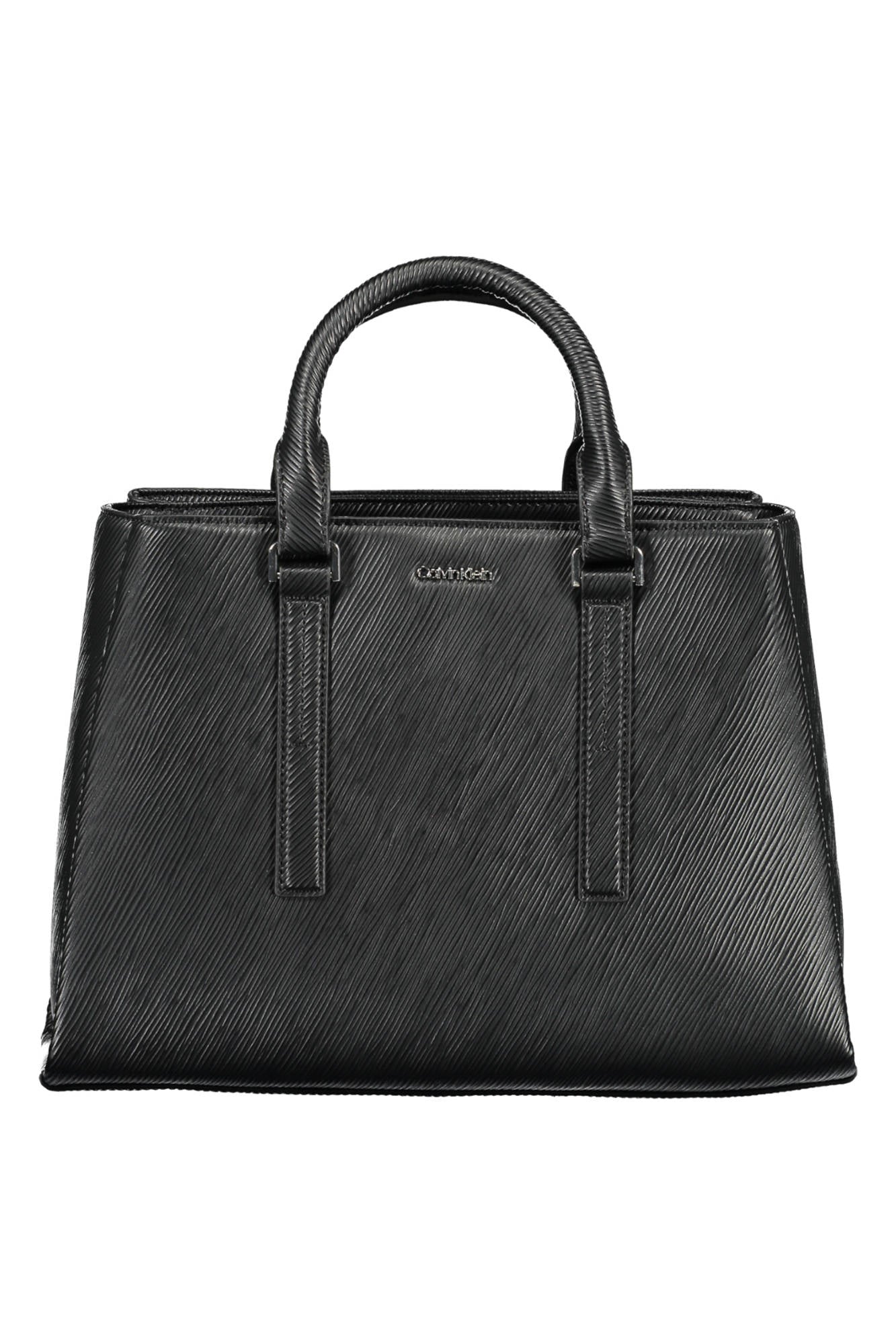 Black textured leather handbag with curved handles and subtle branding on the front.