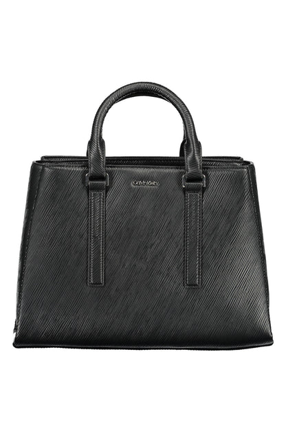 Black textured leather handbag with curved handles and subtle branding on the front.