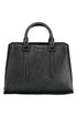 Black textured leather handbag with curved handles and subtle branding on the front.