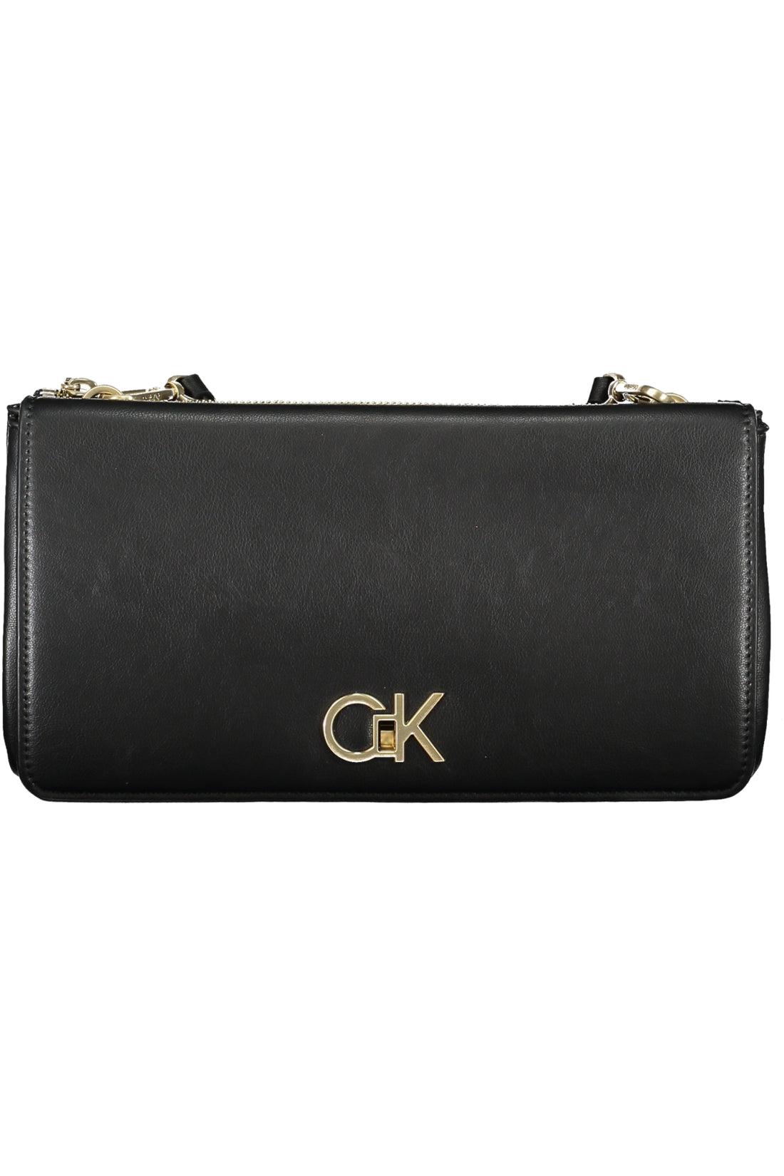 Black leather clutch with gold "GK" logo and gold chain links.