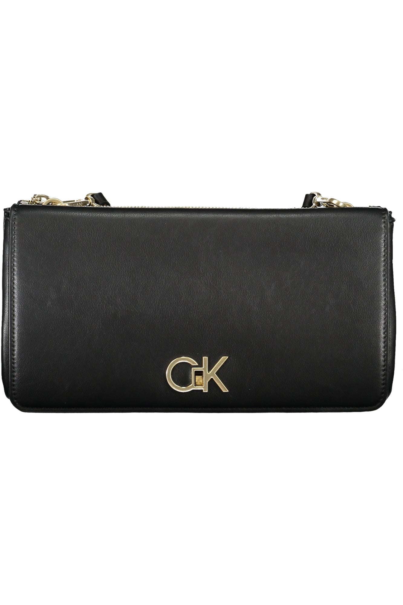 Black leather clutch with gold "GK" logo and gold chain links.