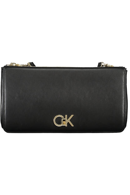 Black leather clutch with gold "GK" logo and gold chain links.