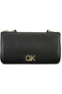 Black leather clutch with gold "GK" logo and gold chain links.