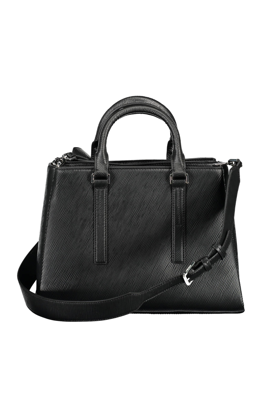 Black textured handbag with dual handles and an adjustable shoulder strap.