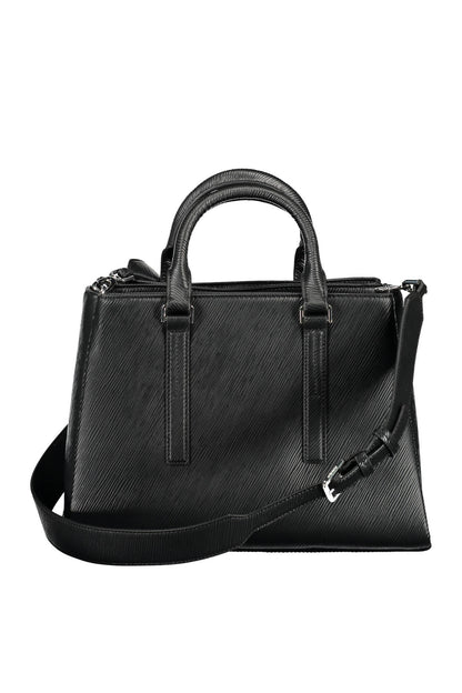 Black textured handbag with dual handles and an adjustable shoulder strap.