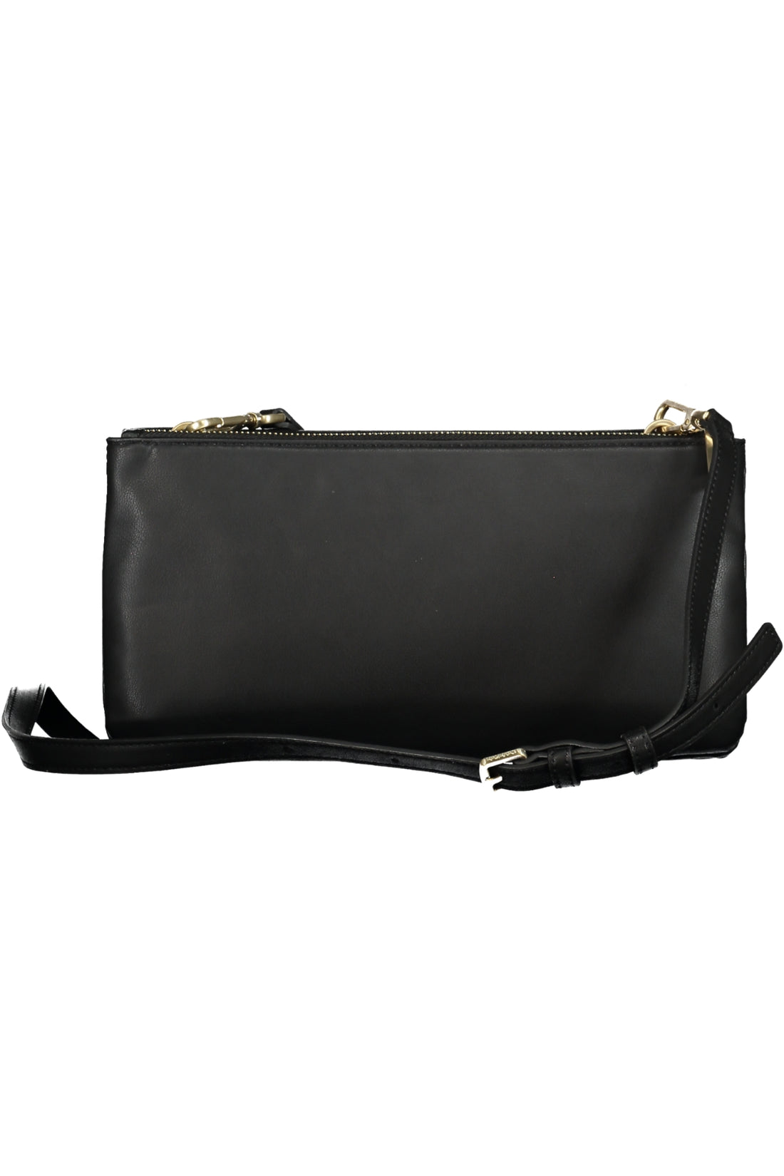 Black rectangular handbag with gold zippers and a thin adjustable strap.