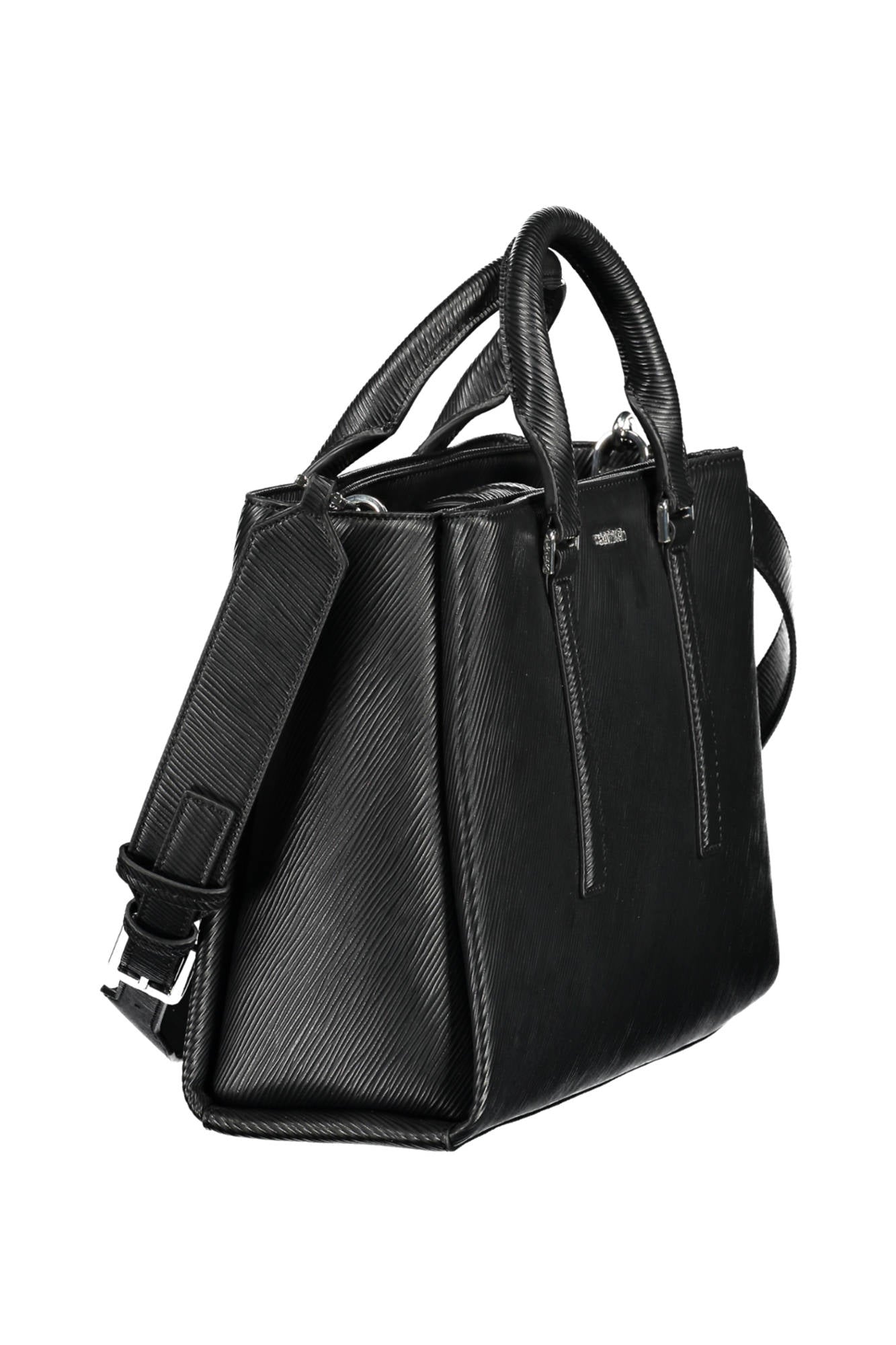 Black leather textured handbag with dual handles and an adjustable shoulder strap, silver hardware.