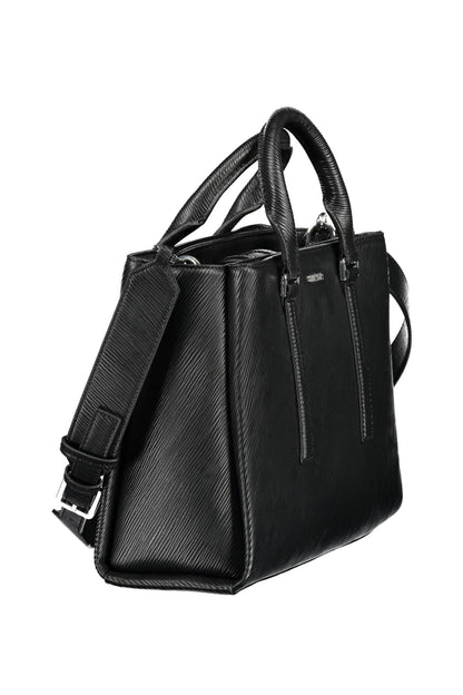 Black leather textured handbag with dual handles and an adjustable shoulder strap, silver hardware.
