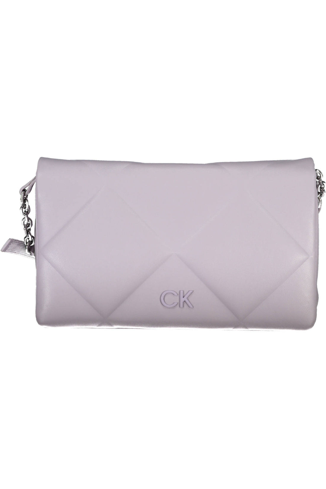 Light purple quilted handbag with silver chain strap and CK logo on front.