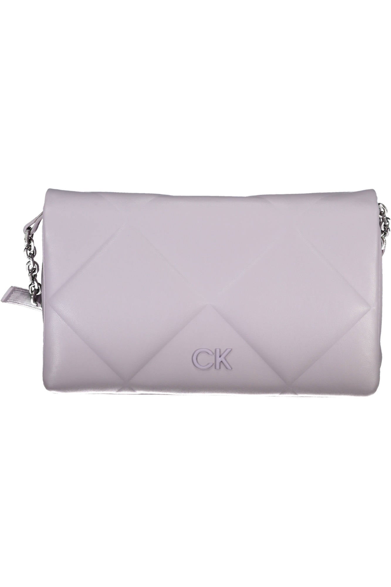 Light purple quilted handbag with silver chain strap and CK logo on front.