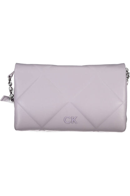 Light purple quilted handbag with silver chain strap and CK logo on front.