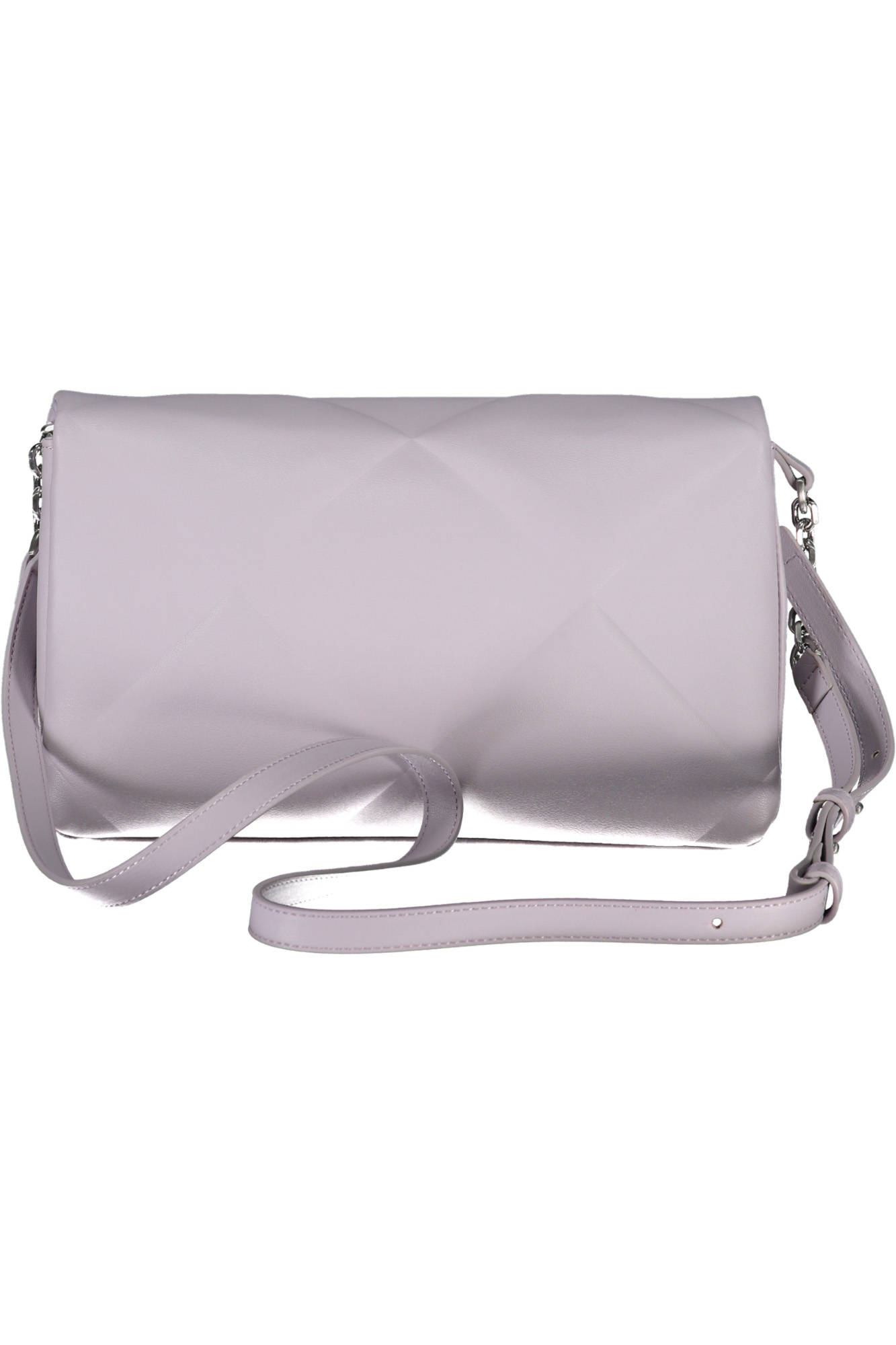Light purple leather handbag with quilted texture and adjustable strap.