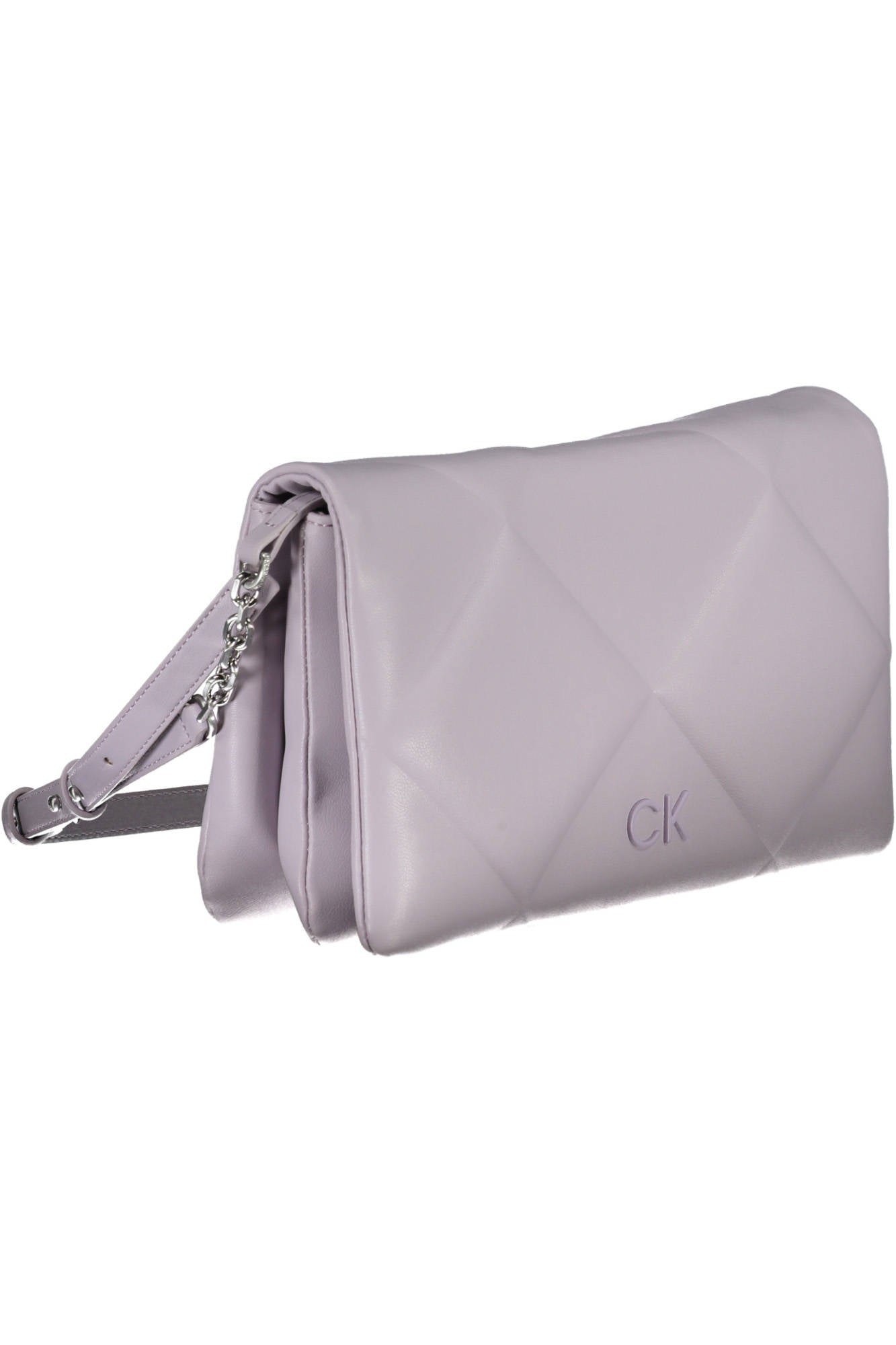 Lavender quilted handbag with chain strap and "CK" logo, featuring a sleek, modern design.