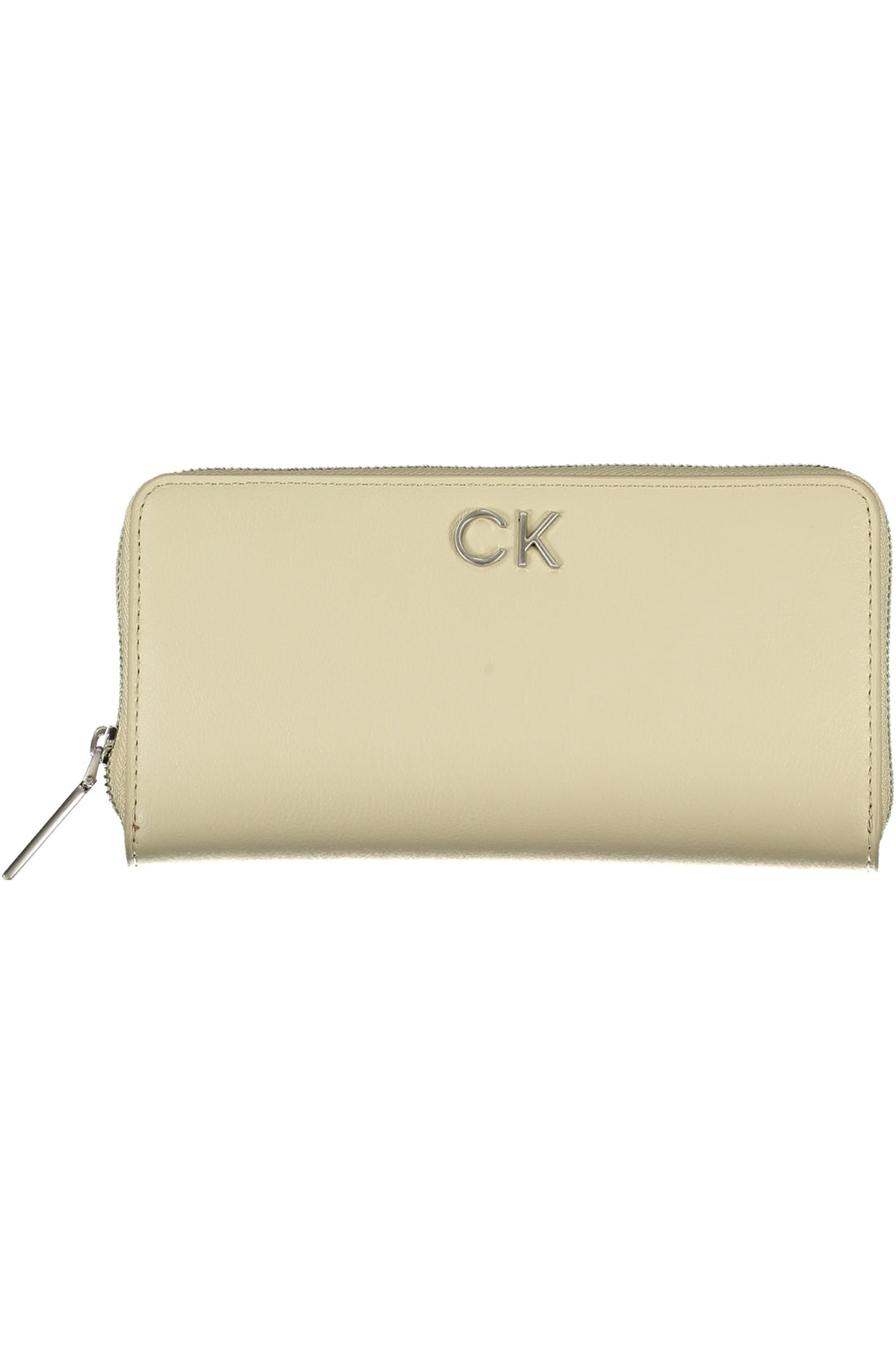 Cream zippered wallet with silver "CK" logo, smooth texture, and a metal zipper pull.
