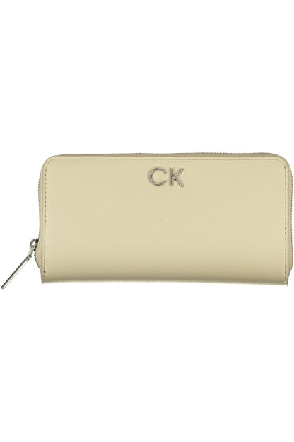 Cream zippered wallet with silver "CK" logo, smooth texture, and a metal zipper pull.