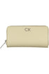 Cream zippered wallet with silver "CK" logo, smooth texture, and a metal zipper pull.