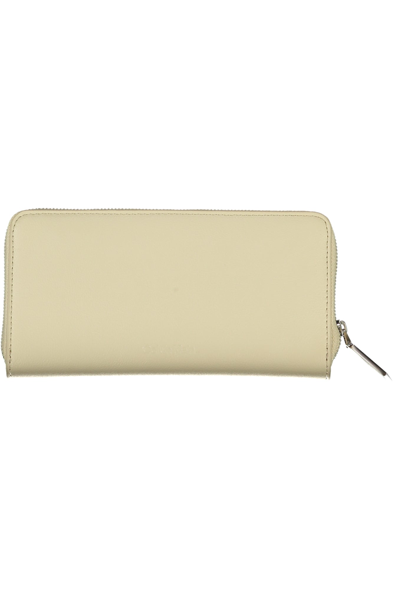 Beige leather wallet with a silver zipper on the right side. Minimalist and sleek design.