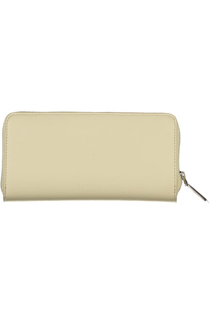 Beige leather wallet with a silver zipper on the right side. Minimalist and sleek design.