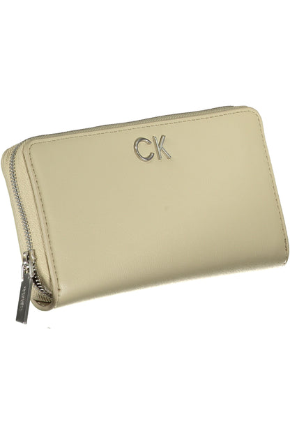 Cream zippered wallet with silver CK logo on the front and metal zipper pull.