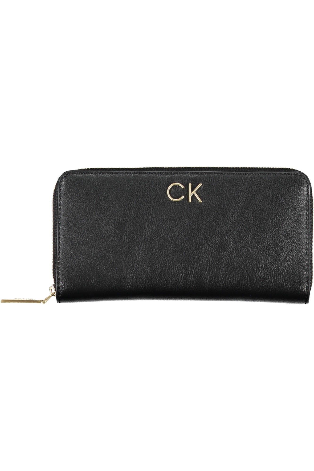 Black leather wallet with gold "CK" initials and a gold zipper pull.