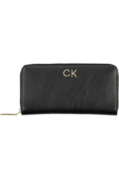 Black leather wallet with gold "CK" initials and a gold zipper pull.